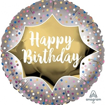 Balão redondo prateado com texto Happy Birthday e confetis coloridos