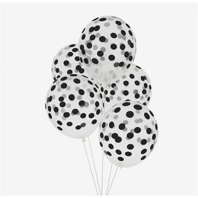 Cinco balões transparentes com pontos pretos e cinzentos