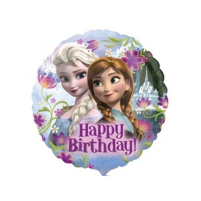 Balão decorativo Frozen com texto 'Happy Birthday!'.