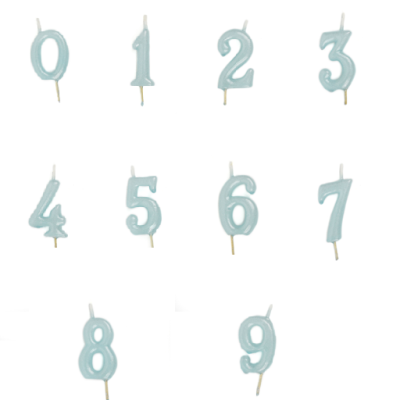 Velas de aniversário azuis números 0 a 9 com pavio sobre fundo branco