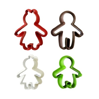 Cortadores de biscoitos em forma de bonecos, cores vermelho, castanho, branco e verde