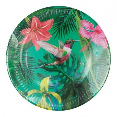 Prato de papel com desenho de beija-flor e flores tropicais