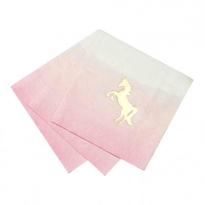 Guarda-napos de papel rosa e branco com unicórnio dourado