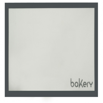 Prato quadrado branco com borda preta e texto bakery