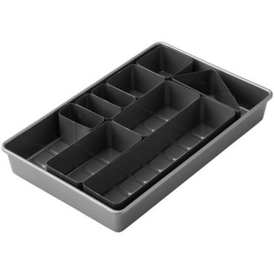 Organizador de talheres preto com vários compartimentos