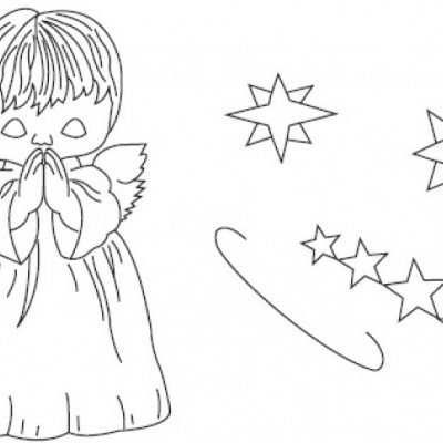Desenho a preto e branco de anjo com asas e estrelas