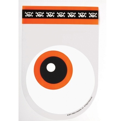 Adesivos com desenho de olho cartoon branco, preto e laranja, embalagem transparente com faixa preta e caveiras brancas