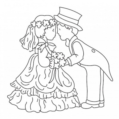 Desenho a preto e branco de uma criança menina e uma criança menino com trajes formais.