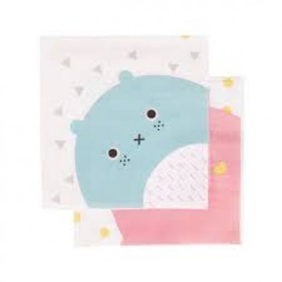 Dois panos de tecido para bebé com padrão de triângulos e desenho de urso azul