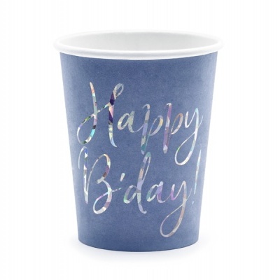 Copo azul com texto 'Happy B'day!' em letras coloridas