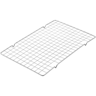 Grelha metálica retangular com padrão quadrícula e suportes elevados.