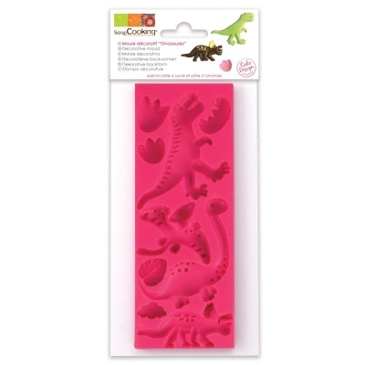 Molde decorativo rosa em silicone com formas de dinossauros e pegadas