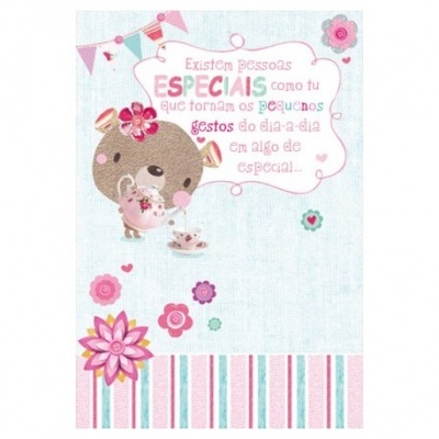 Cartão com desenho de ursinho e texto motivacional em português