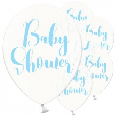 Balões brancos com texto azul 'Baby Shower'
