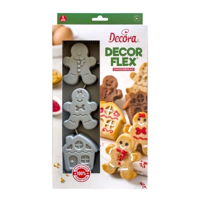 Conjunto de três moldes para biscoitos de gengibre em plástico cinzento na embalagem Decora