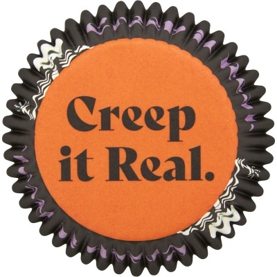 Forminhas para cupcakes com texto 'Creep it Real' no centro laranja