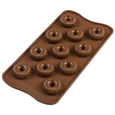Forma de silicone castanha com 12 moldes para mini bolos em forma de rosquinha