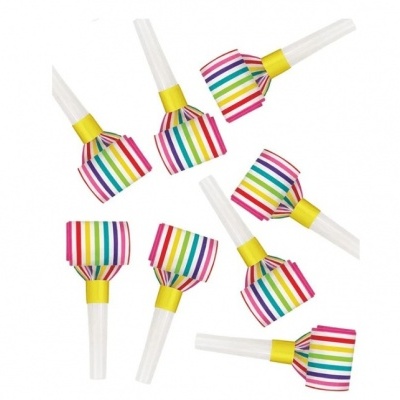 Set of eight colorful party blowouts with striped patterns