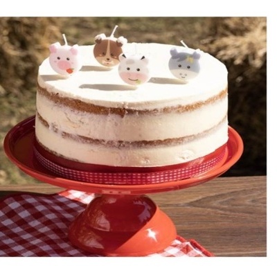 Bolo de camadas com velas de animais em prato vermelho sobre mesa com toalha xadrez