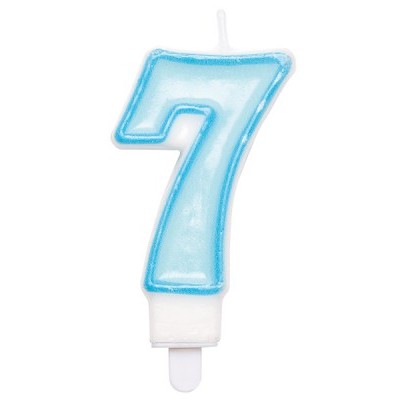 Vela de aniversário número 7 azul com contorno branco