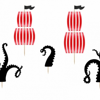 Toppers para bolos de papel com navios vermelhos e criaturas marinhas pretas