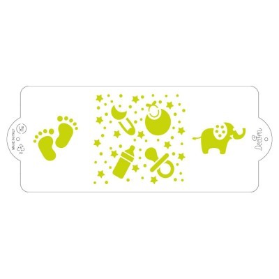 Molde em papel com recortes de ícones verdes relacionados com bebés