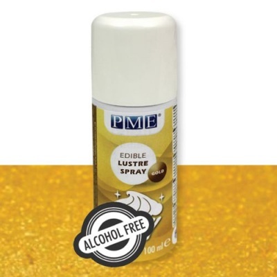 Spray comestível PME Lustre Spray Gold 100 ml com tampa branca e rótulo amarelo