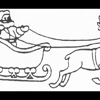 Desenho a preto e branco de trenó com Pai Natal e rena