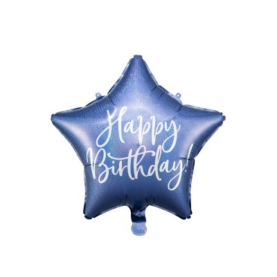 Balão azul estrela com texto 'Happy Birthday!' em branco