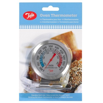 Termómetro de forno em aço inoxidável com mostrador redondo em embalagem azul e branca com texto Tala