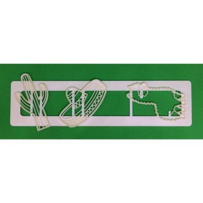 Molde plástico branco com recortes de cacto e crocodilo sobre fundo verde