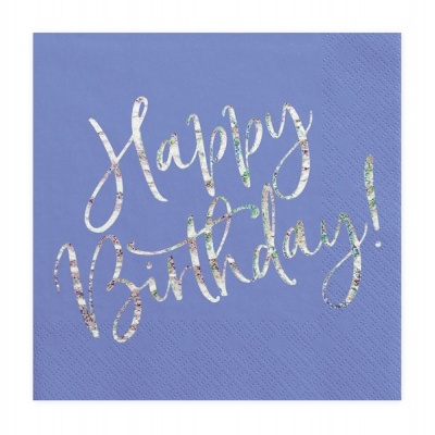 Guardanapo decorativo azul com texto prateado Happy Birthday