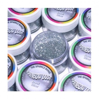 Frascos de glitter prateado Rainbow Dust com tampas brancas e etiquetas coloridas