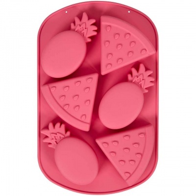 Forma silicone rosa com moldes de abacaxi e fatias de pizza em relevo