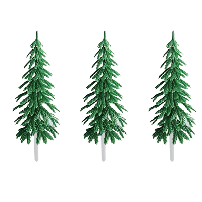 Três árvores artificiais de Natal verdes com base branca