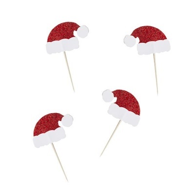 Palitos decorativos com chapéus de Pai Natal vermelhos e brancos brilhantes
