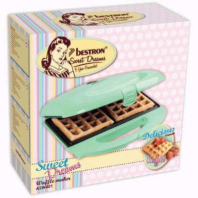 caixa do aparelho para fazer waffles Bestron ASW401 verde menta com waffles