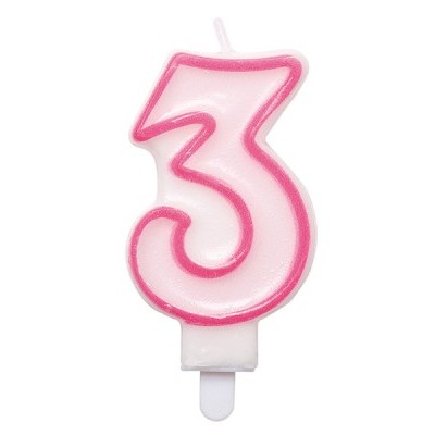 Vela em forma de número 3 branca com contorno rosa