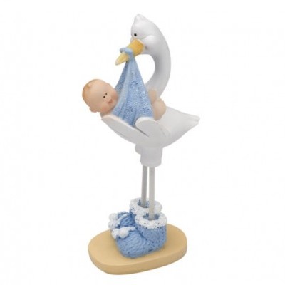 Figura decorativa de cegonha com bebé e sapatinho azul sobre base oval