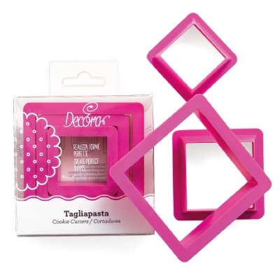 Conjunto de cortantes de massa quadrados rosa da marca Decora com embalagem