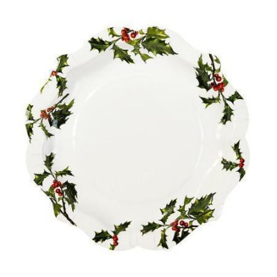 Prato branco com decoração de folhas verdes e bagas vermelhas