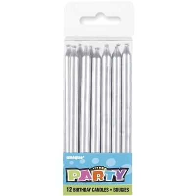 Pacote de 12 velas prateadas para aniversário em embalagem azul e verde
