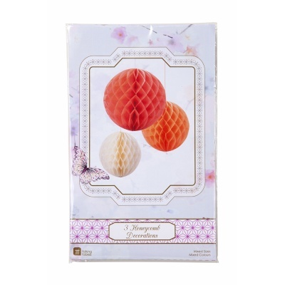 Pacote de decorações penduradas de papel com padrão de favo de mel em três cores.