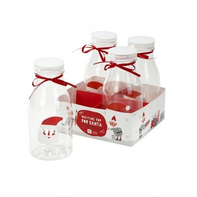 Pack de quatro garrafas transparentes de plástico com decoração natalícia e suporte de cartão