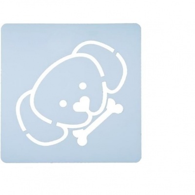 Stencil plástico azul com desenho de cão e osso em branco