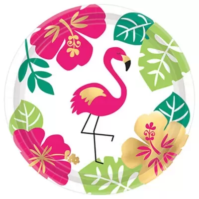 Prato de papel com estampa de flamingo rosa, flores e folhas tropical