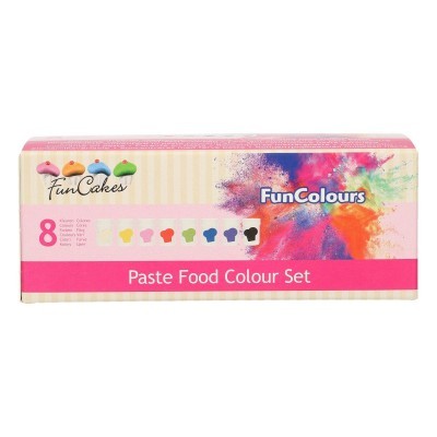 Conjunto de corantes alimentares em pasta FunCakes FunColours de 8 cores em embalagem rosa e creme