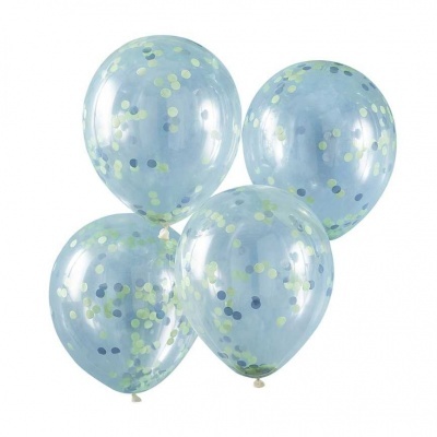 Balões transparentes com confetes azuis e verdes