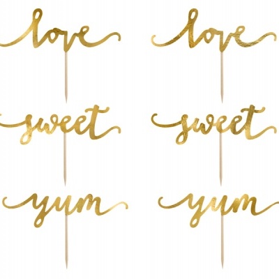 Topper dourados para bolos com palavras love, sweet, yum em letra cursiva