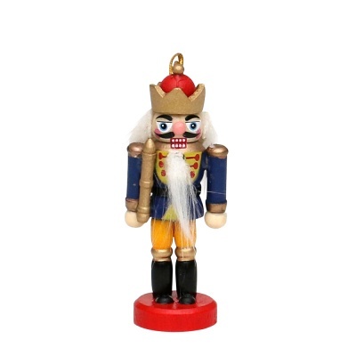 Boneco quebra-nozes decorativo em madeira com cores azul, amarelo, vermelho, preto e dourado